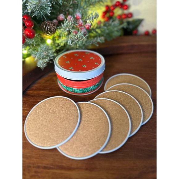 Vintage Enesco Christmas Coaster Set with Tin Holder Retro Holiday Drinkware - Picture 2 of 6